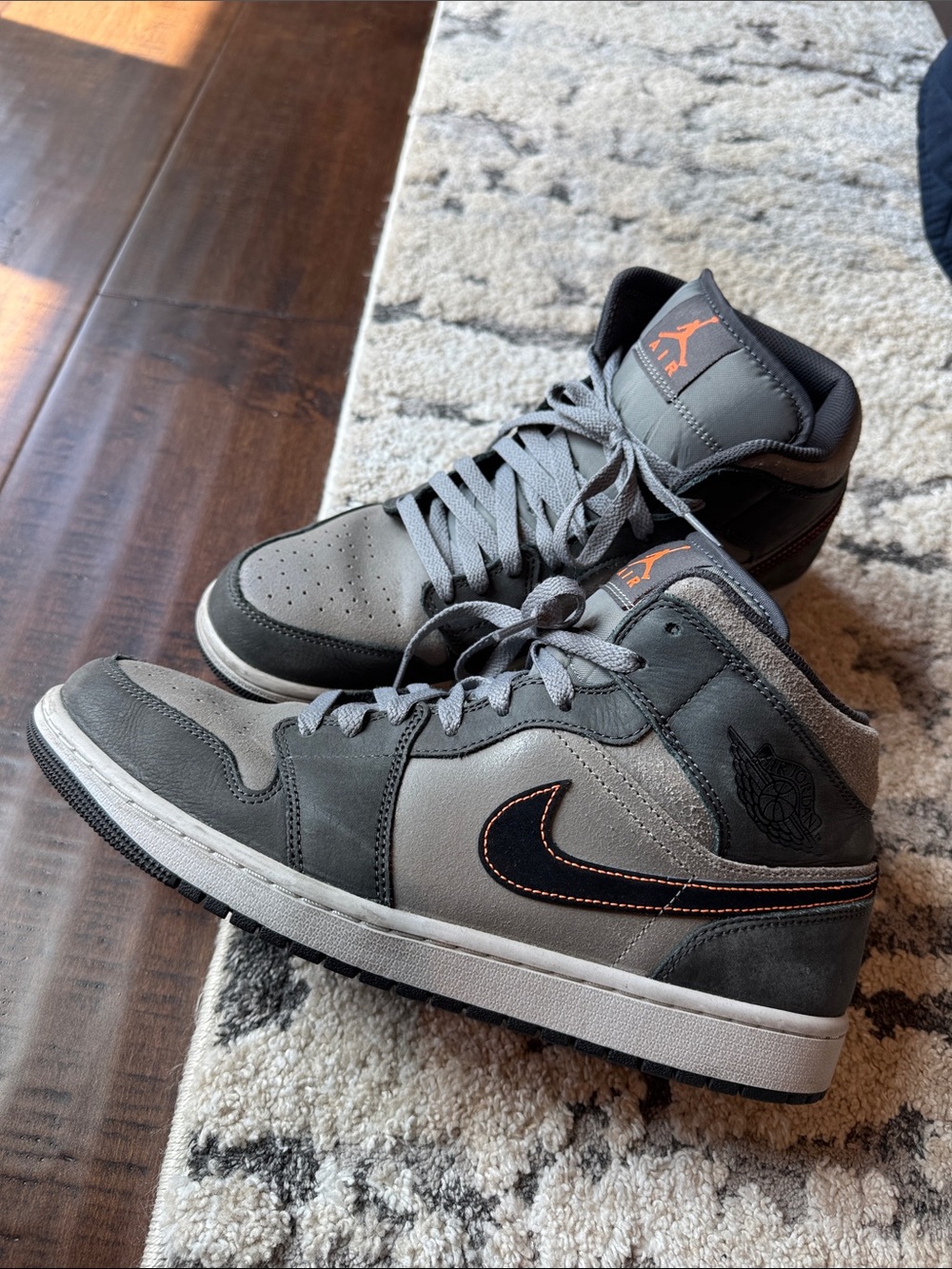 Nike Air Jordan 1 Mid Gray and Black with Orange Accents